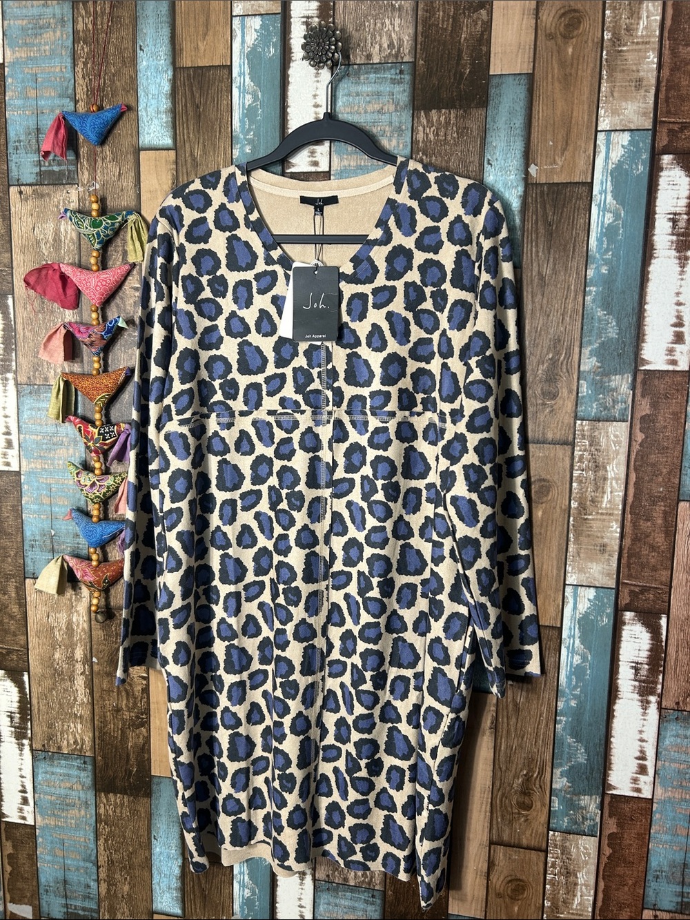 Joh. Beige and Blue Leopard V-Neck dress raw hem